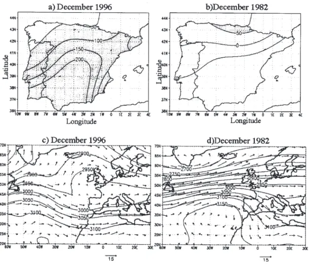 Fig. 11. The upper figures are the patterns of relative precipitation anomalies (%), values greater than 50% are shaded : a) December 1996; b) December 1982