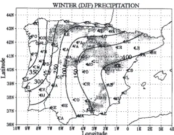 Fig. 1.  Map of the Iberian Peninsula showing locations of observation data. The elevation higher than 900 m is shaded