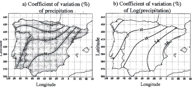 Fig. 3. (a) Coefficient of variation (%) for the winter precipitation (DJF); b) Coefficient of variation  (%) of the natural logarithm for the same time series