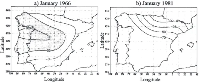 Fig. 7. Patterns of relative precipitation anomalies (%) in January 1966 and January 1981