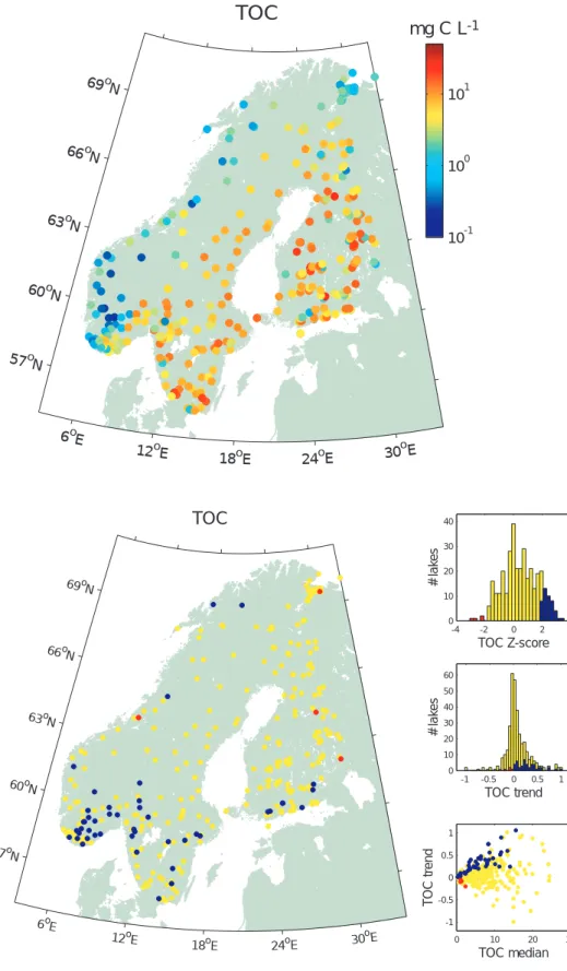 Fig. 4. Maps of median concentrations (upper panel) and trends (lower panel) of TOC (BC*)