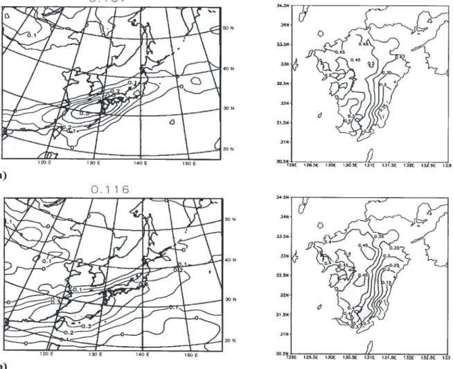 Fig. 3. Heterogeneous correlation maps between precipitation over Kyushu Island, and precipitable water (a) and zonal winds at 850 hPa (b) for summer