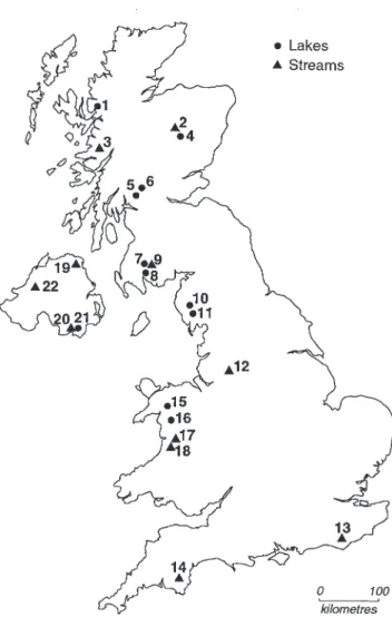 Fig. 1. Location of sites in the UK Acid Waters Monitoring Network. Site numbers correspond to list given in Table 1