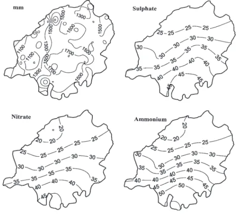 Fig. 2. Distribution map of the amount of precipitation and of the concentrations of SO 4 , NO 3  and NH 4  (meq l -1 )  in wet deposition in the Lake Maggiore catchment in 1997