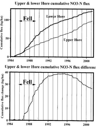 Fig. 8. Cumulative nitrate fluxes and flux differences for the South2Hore and the upper Afon Hore.