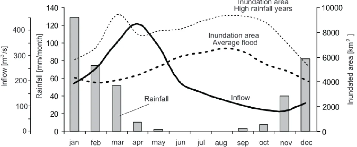 Fig. 2. Seasonality in inflow, rainfall and flood extent in the Okavango Delta. Monthly means for 1992–2000.