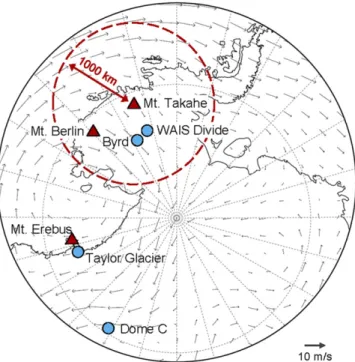 Fig. 3. Spatial extent of the glaciochemical anomaly. Evidence of the ∼ 192-y anomaly has been found > 2,800 km from Mount Takahe in ice core (circles) chemical records (SI Appendix, Fig