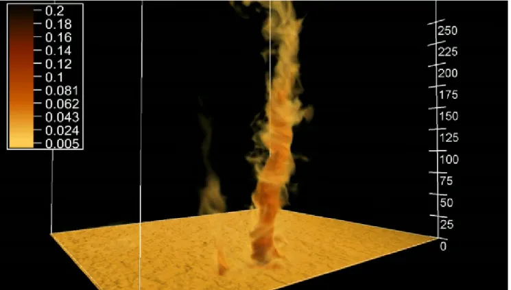 Figure 6: High-resolution terrestrial LES for dust devils. Animation of dust devils in the convective boundary layer using a virtual dust source