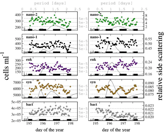 Fig. 2. Time series of flow cytometric estimates of cell abundance (left column) and side scattering relative to 1 µm beads (right column).