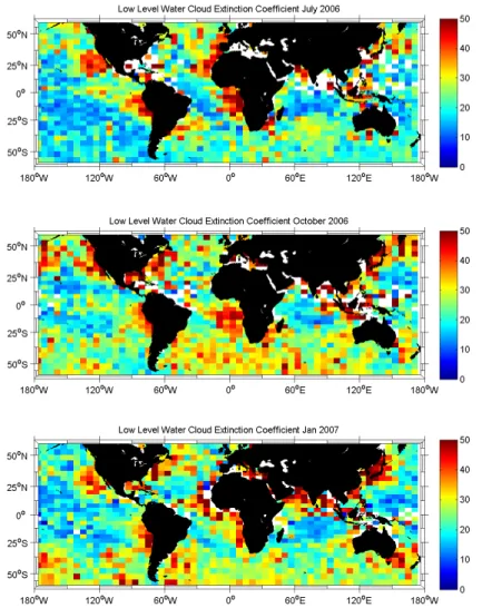 Fig. 6. Monthly mean layer water cloud extinction coe ffi cient (1/km) at various longitude/latitude EGU