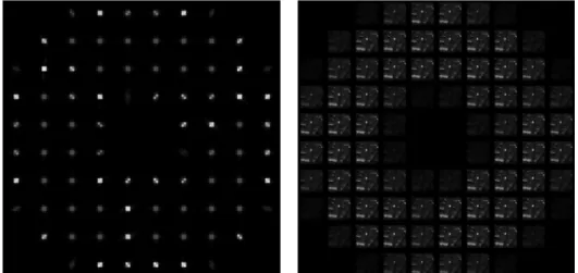 Fig. 2: example of simulated Shack-Hartmann images – left: point source – right: extended scene 
