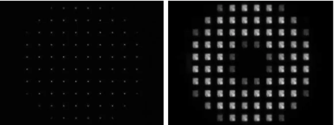 Fig. 4: example of experimental Shack-Hartmann images – left: point source – right: extended scene 