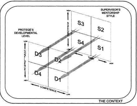 FIGURE  1.  Contextual  Supervision.  (The  mentor  matches  his/her  supervisory  style  to  coincide with the skill-specific developmentallevel of his/her protégé.) 