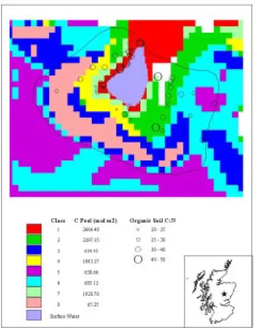 Fig. 2. Map of soil classes at Lochnagar indicating mean C pool (mol m -2 ) and C/N (mol mol -1 )