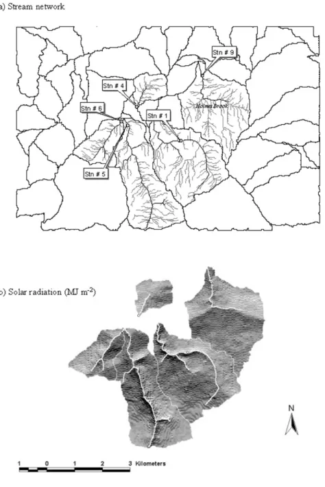 Fig. 4. Modelled stream network (a) and one-day distribution of total potential solar radiation (b) in the Hayward Brook and Holmes Brook watersheds