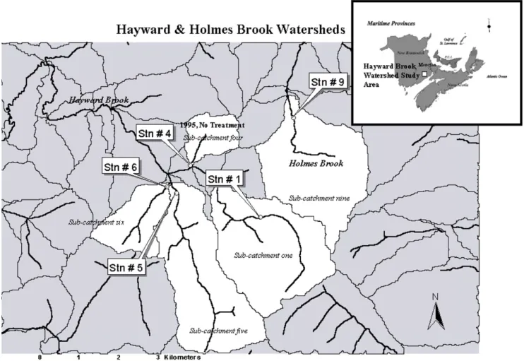Fig. 1. Indicated are the locations of the Hayward Brook Watershed Study Area (inset) and stream water-monitoring stations.