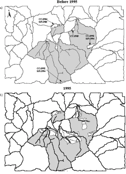 Fig. 2. Extent and location of harvesting that took place during the ten years before the start of the study (a) and during the June-September period in 1995 (b)