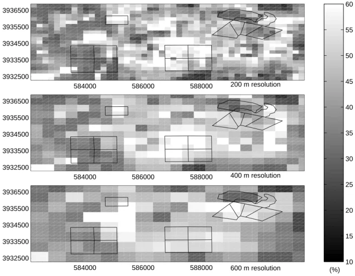 Fig. 3. Retrieved soil moisture for the El Reno area on July 2, 1997 at resolutions of 200, 400, and 600 m.