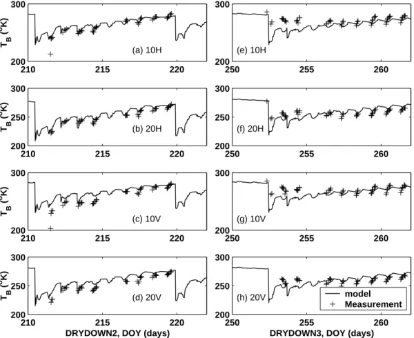 Fig. 4. Time series of measured and modelled microwave brightness temperatures in the presence of vegetation during DRYDOWN2 and DRYDOWN3