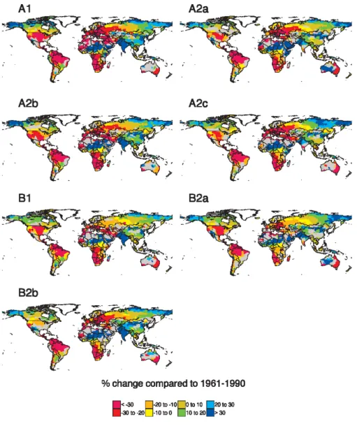 Fig. 8. Percentage change in average annual runoff by the 2050s: HadCM3