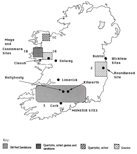 Fig. 1. Location of AQUAFOR study areas and predominant underlying geology (from Giller et al., 1993).