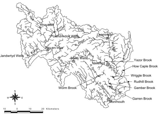 Fig. 1a. Map of the Wye catchment showing rivers, brooks and major settlements