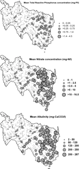 Fig. 4. Maps of mean water quality across the Wye catchment (1992