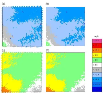 Fig. 2. Example of the output from the data gridding algorithm. (a) and (c) show the section of PPI displays of the raw Doppler radial velocity data in the retrieval area