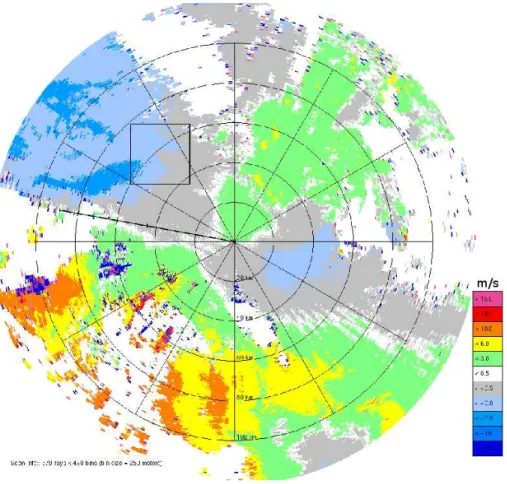 Fig. 3. Doppler velocity PPI picture of SPC radar at the elevation angle of 1.4 ◦ (9 September 2003, 13:15 h)