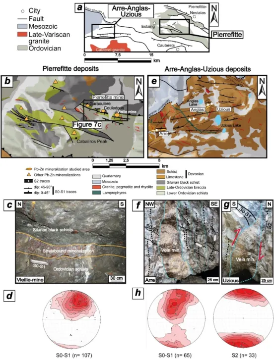 Figure 7. The Pierrefitte anticlinorium. (a) Simplified structural map showing the location of (b,e); (b)  structural map zoomed on Pierrefitte mine (Lithologies are based on BRGM geological maps [59]; (c)  photograph of typical stratabound Pb-Zn mineraliz