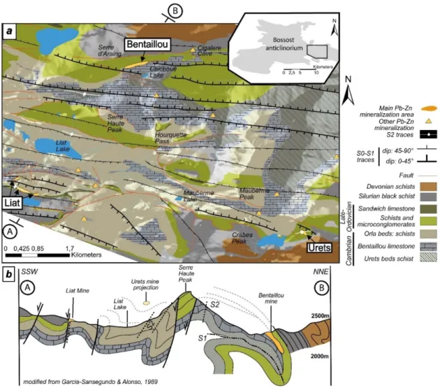 Figure 3.  (a) Structural map of the Bentaillou-Liat-Urets district based on field study and  BRGM/IGME geological maps