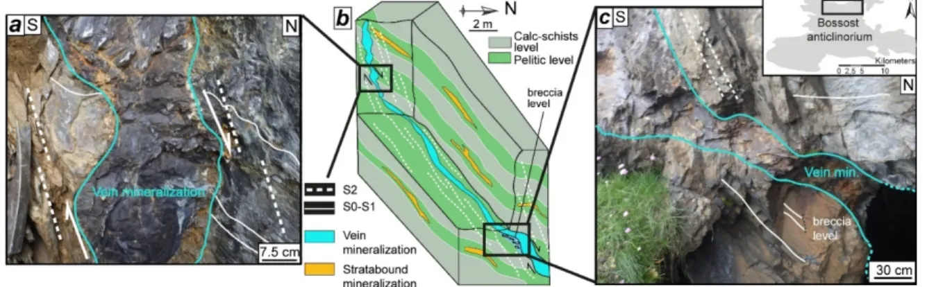 Figure 6. Field observations and 3D structural model of Pale Bidau deposit (see location in Figure 2a)
