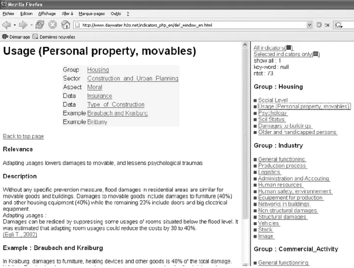 Fig. 4. Screen shot of the vulnerability tool (right: menu list of indicators, left: indicator description).
