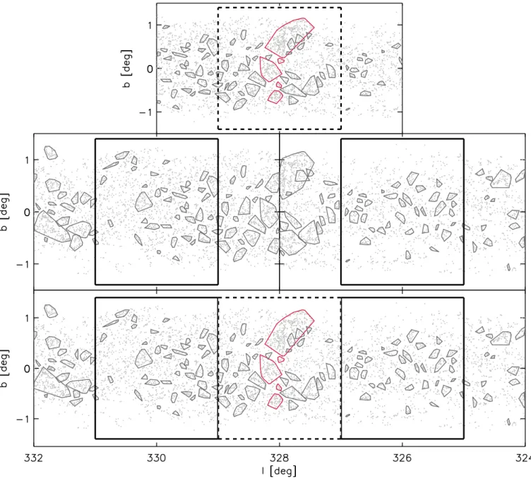 Fig. 6. Example of the reconstructing of the over-density catalogue found by the MST method at the split between windows