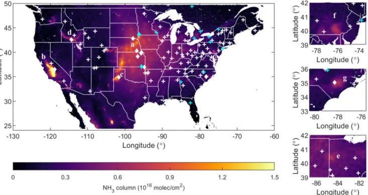 Figure 1.  2008–2017 averaged annual NH 3  columns. Each active AMoN site (January 2020) is shown by a diamond “ ◊ ” (within 12 km of a hotspot) or a cross 