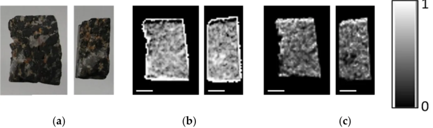 Figure 9. DE-XRT examination of nodular ore: (a) photo of the sample in flat and upright orienta- orienta-tion; (b) ratio of background material (Z eff  = 13) within the sample for both orientations; (c) ratio of  heavy material (Z eff  = 26) within the sa