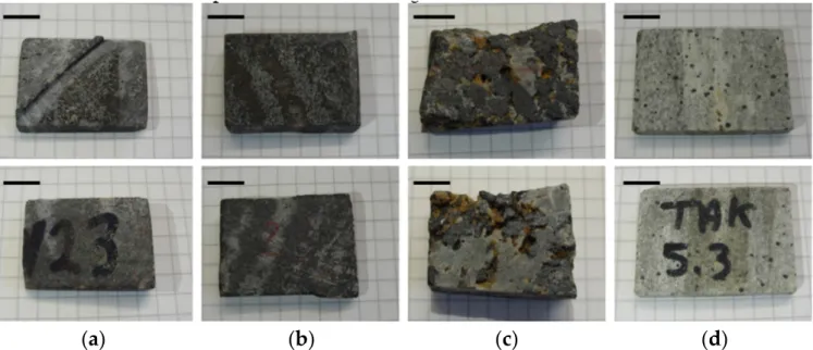 Figure 1. Front and back view of blocks analyzed by DE-, ME-XRT and CT: (a) banded iron oxide  ore sample I (No