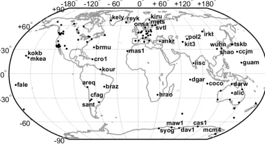 Figure 1. Map showing the 104 GPS stations used in this study. The stations discussed in the text and the Appendix are identified by their four-character ID.