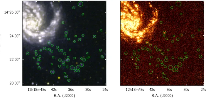 Fig. 3. FUV / NUV GALEX colour (left) and continuum-subtracted Hα (VESTIGE; right) magnified images of the extraplanar star forming regions (marked with green circles) in the south-west quadrant of NGC 4254