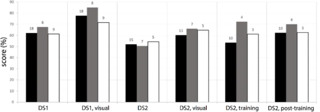 Figure 9: Average scores by test (left to right, as indicated under each bar) and by subjects’ background group