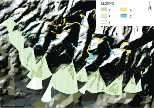 Fig. 4. Geomorphological map: 1) Debris-flow deposits; 2) Fan (first generation); 3) Fan (second generation); 4) Hollow Deposits n type;