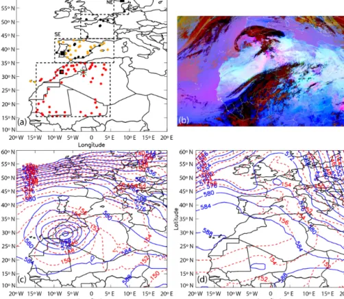 Figure 1. Panel (a): AERONET (orange), surface concentration (black), surface wind (green) and radio sounding (brown) stations used in this study are presented