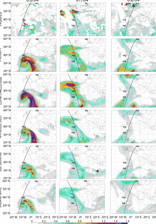 Figure 3. Maps of daily total AOD at 550 nm from MODIS (first row) and corresponding 24 h forecasts of models MetUM (second row), ECMWF/MACC (third row), NMMB/BSC-DUST (fourth row), BSC-DREAM8b (fifth row) and DREAM8-NMME (sixth row) for 5 April (first col