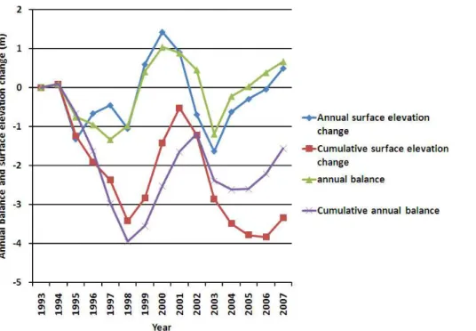 Fig. 4. Annual mass balance of the Taku Glacier 1994–2006, and the mean change in glacier surface elevation at Profile IV stations.