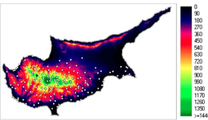 Fig. 2. The 24-h observational precipitation contours (mm) from 0600 UTC 5 March to 0600 UTC 6 March 2003, obtained applying the Barnes analysis scheme.