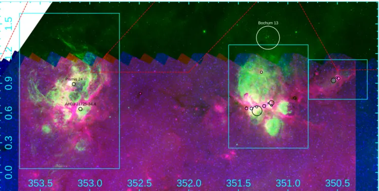 Fig. 1. General view (green, red and blue images are UKST Hα image and Spitzer IRAC band 4 and 1, respectively) of the GM1-24 (l ∼ 350.5 ◦ ), NGC 6334 (l ∼ 351.2 ◦ ), and NGC 6357 (l ∼ 353.2 ◦ ) regions