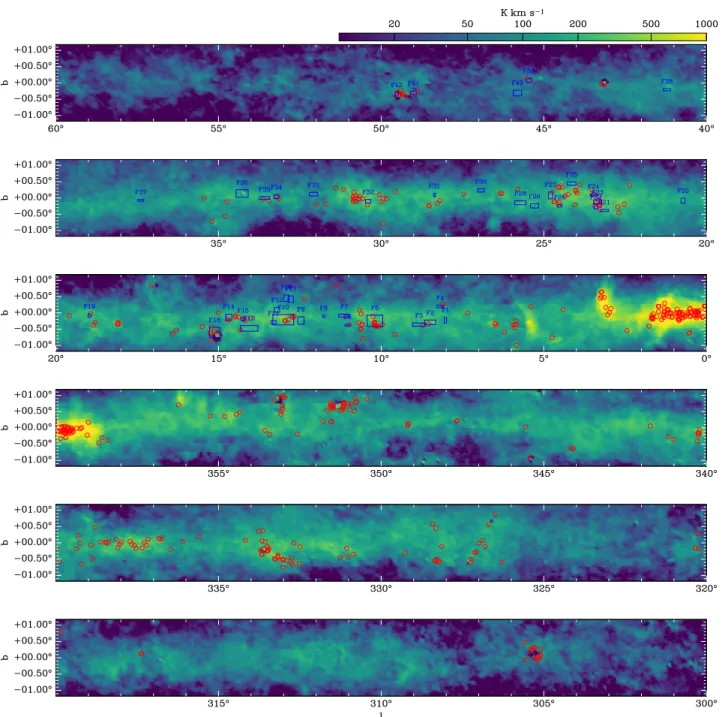 Figure 3. Distribution of HMSC candidates in the inner Galactic plane. The background shows CO J = 1 − 0 emission from Planck Collaboration et al