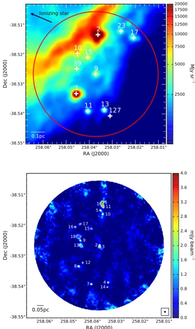 Fig. 1: Top: Herschel 70 µm image of Condensation 1 with the sources detected with the getimages-getsources algorithms from Figueira et al