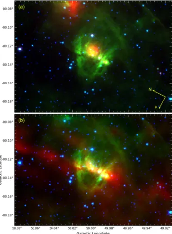 Fig. A.1. Bipolar nebula G049.99–00.13. Panel a: composite colour image with the Spitzer 24 µm, 8.0µm, and 4.5 µm emission in red, green, and blue, respectively