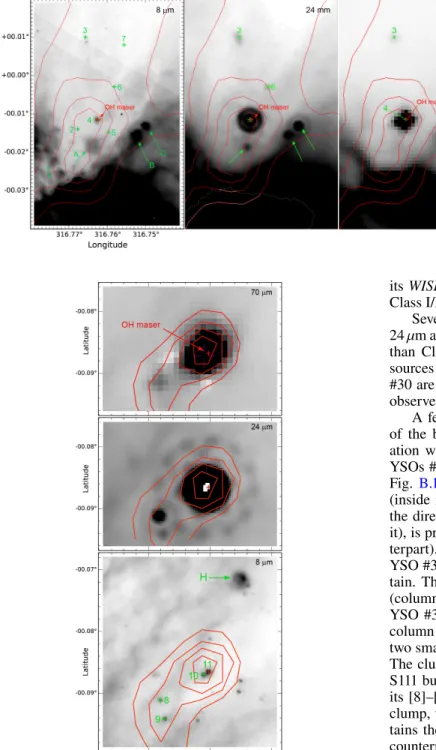 Fig. B.10. Vicinity of the C3 clump and the second site of maser emission. The YSOs and diffuse emission regions (A, B, and C) discussed in the text are identified